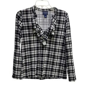 Chaps Classics Womens Large Black White Plaid Ruffle V-Neck Cotton Knit Top